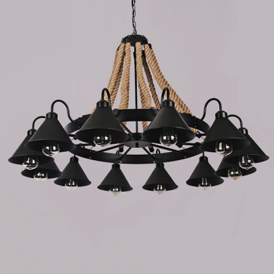 Industrial 43''W Large Chandelier with Rope and Cone Metal Shade in Black, 12 Light