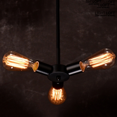 Industrial Chandelier with 3 Light in Open Bulb Style, Black