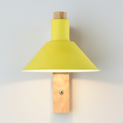 Industrial Wall Sconce with Cone Metal Shade and Wooden Lamp Base