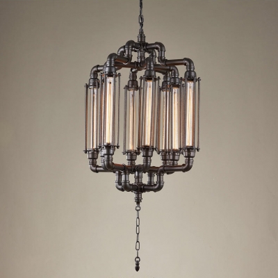 Industrial 21.7''W Chandelier with Metal Cage in Pipe Style, 8 Light