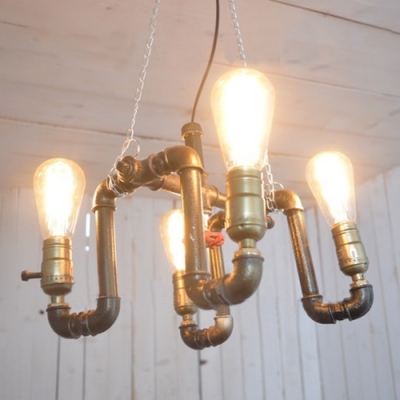 Industrial 4 Light Chandelier with Valve in Pipe Style, Bronze