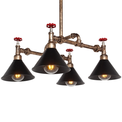 Industrial 4 Light Pipe Chandelier with Valve and Cone Metal Shade