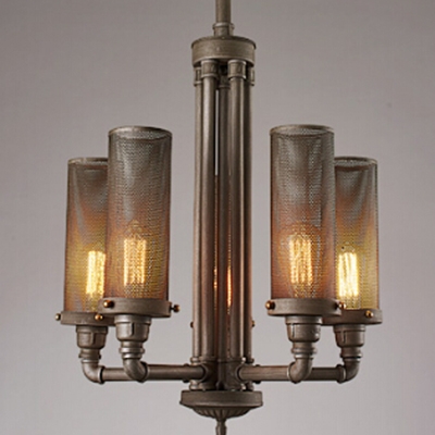 Industrial 5 Light Chandelier with Cylinder Metal Mesh in Pipe Style