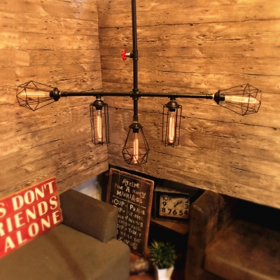 Industrial Large Pipe Chandelier with Metal Cage in Black, 5 Light