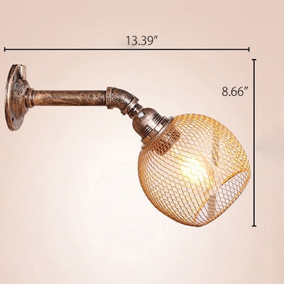 Industrial Pipe Wall Lamp with Globe Metal Mesh Shade, Rust