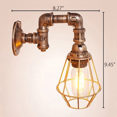 Industrial Wall Sconce with Metal Cage Shade in Pipe Style, Rust