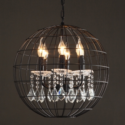 Industrial 6 Light Chandelier with Metal Cage Frame and Crystal Decoration