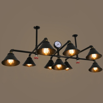 Industrial Vintage Large Chandelier with Metal Shade in Black Finish, 9 Light