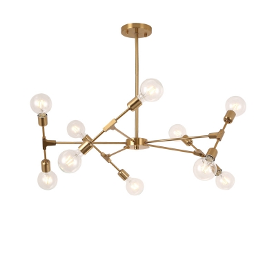 Industrial 10-Light Chandelier 38''W in Bare Bulb Style, Gold