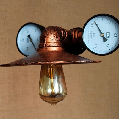 Industrial Wall Sconce with Pressure Gauge and Metal Shade in Pipe Style, Rust