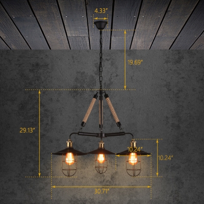 Industrial 31''W Chandelier with Metal Cage in Black Finish, 3 Light
