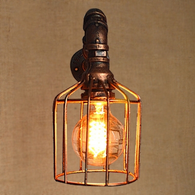 Industrial Wall Sconce with Metal Cage Shade in Rust Finish