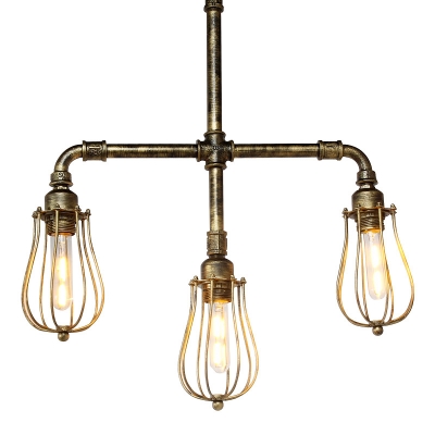 Industrial Chandelier with Metal Cage Shade in Antique Bronze Finish, 3 Light
