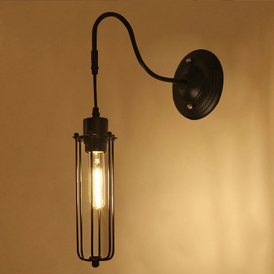Industrial Wall Sconce with Adjustable Fixture Arm and Mini Metal Cage