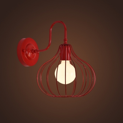 Industrial Wall Sconce with Pumpkin Metal Cage in Pink/Red