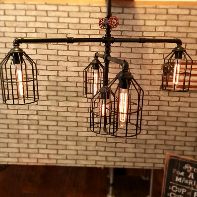 

Industrial 40''W Large Chandelier with Metal Cage Shade in Black, 5 Light