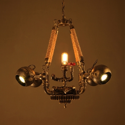 Industrial 5 Light Chandelier with Valve in Pipe Style, Antique Bronze