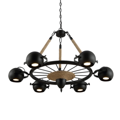 Industrial 6 Light Spotlight Chandelier with Rope in Black Finish