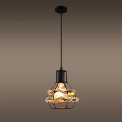 

Industrial Pendant Light in Rope Style with 5.91''W Metal Cage, Black, HL454225