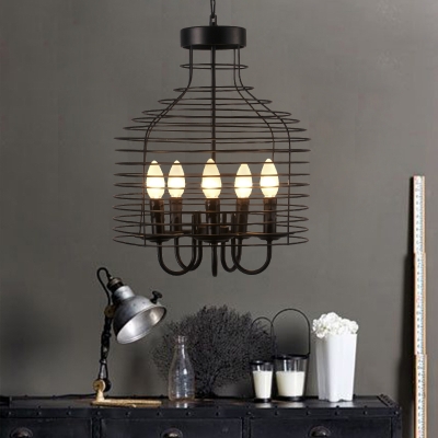 Industrial Vintage 13.8''W Chandelier with Metal Cage in Black, 5 Light