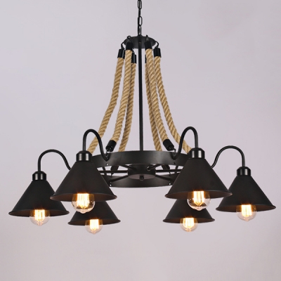Industrial 37''W Chandelier with Gooseneck Fixture Arm and Metal Shade in Black, 6 Light