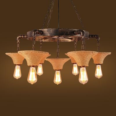 Industrial 27''W Chandelier with Rope in Rust Finish, 7 Light