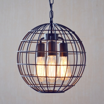 Industrial 3 Light Chandelier 11.81''W with Globe Metal Cage Frame, Black