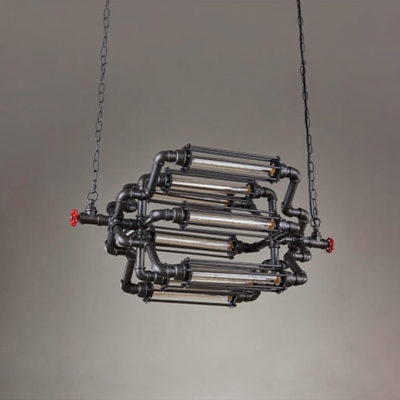 Industrial 34''W Pipe Chandelier with Metal Cage, 8 Light, Black