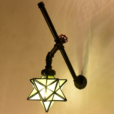 Industrial Wall Sconce with Star Shape Glass Shade in Pipe Style, Black