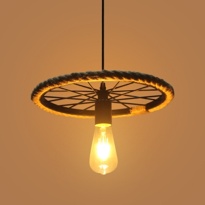 Industrial Pendant Light in Bare Bulb Style with Wheel, Black
