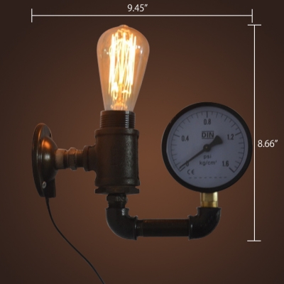 Industrial Pipe Wall Sconce with Pressure Gauge in Barn Style, Bronze