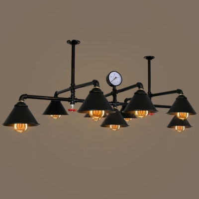 Industrial Vintage Large Chandelier with Metal Shade in Black Finish, 9 Light