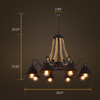 Industrial 37''W Chandelier with Gooseneck Fixture Arm and Metal Shade in Black, 8 Light