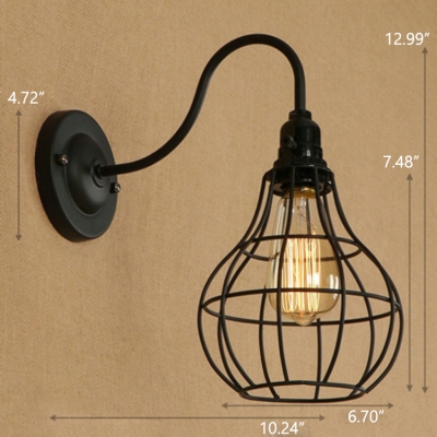 Industrial Wall Sconce with Teardrop Metal Cage in Black Finish