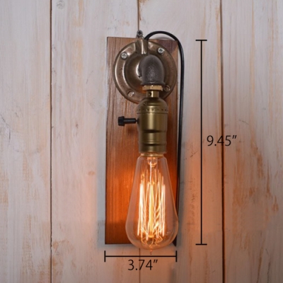 Industrial Pipe Wall Sconce with Wooden Lamp Base in Bronze Finish