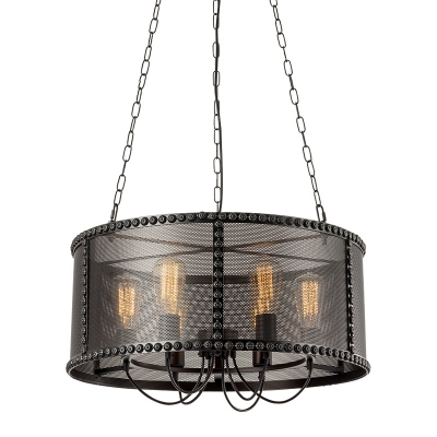Industrial 20''W Chandelier with Metal Mesh in Black Finish, 6 Light