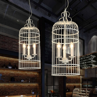 Industrial 3 Light Chandelier with Metal Cage in Vintage Style, Black/White
