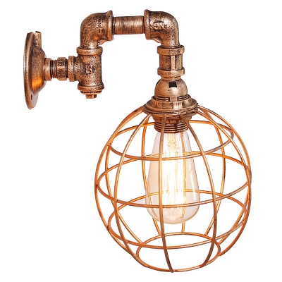 Industrial Pipe Wall Sconce with Globe Metal Cage in Rust