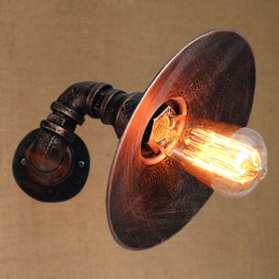 Industrial Pipe Wall Sconce with 11.42''W Saucer Metal Shade in Rust