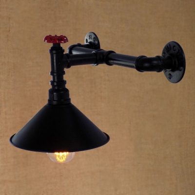 Industrial Pipe Wall Sconce with 8.66''W Cone Metal Shade in Black Finish