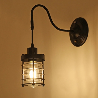 Industrial Wall Sconce with Gooseneck Fixture Arm and Cylinder Metal Cage, Black