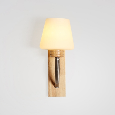 Industrial Wall Sconce with White Glass Shade Wooden Lamp Base