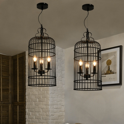 Industrial 3 Light Chandelier with Metal Cage in Vintage Style, Black/White