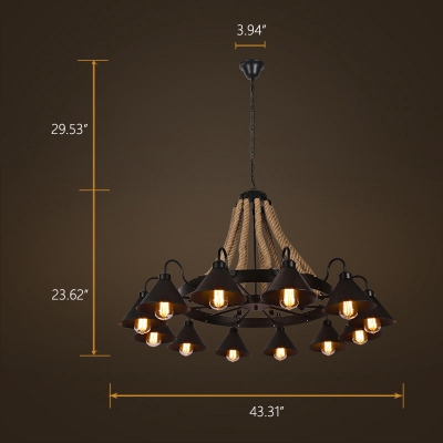 Industrial 43''W Large Chandelier with Rope and Cone Metal Shade in Black, 12 Light