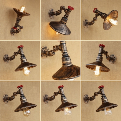 Industrial Pipe Wall Sconce with Cone Metal Shade, Aged Brass
