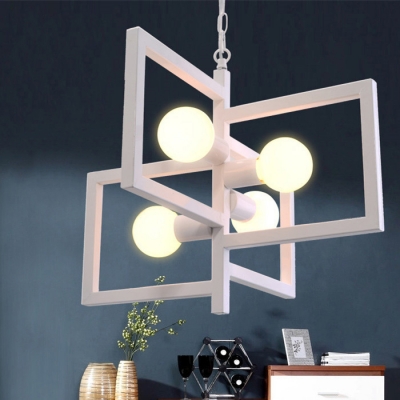 Industrial 4 Light Chandelier with Square Metal Frame, White