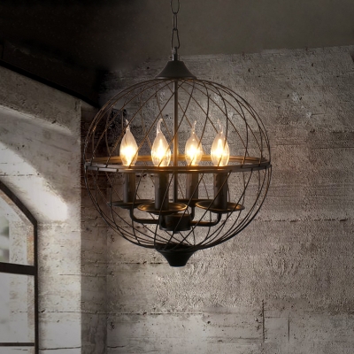 Industrial Vintage 4 Light Chandelier with 16.5''W Globe Metal Cage in Black
