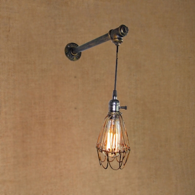Industrial Wall Sconce with Metal Cage Shade and Hanging Cord in Bronze