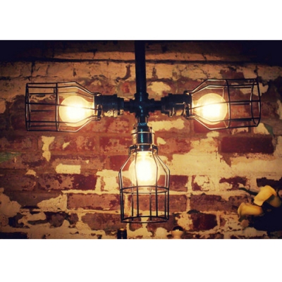 

Industrial 26''W Pipe Chandelier with Metal Cage in Vintage Style, Black, HL458265