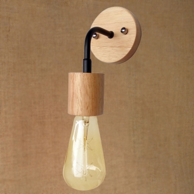 Industrial Mini Wall Sconce with Wooden Canopy in Bare Bulb Style